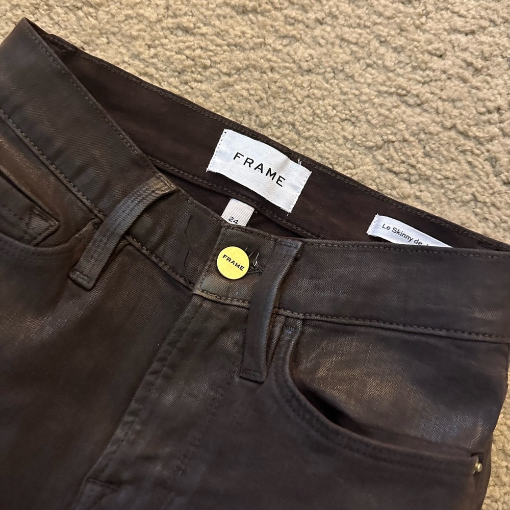 FRAME size 24 brown coated straight leg jeans